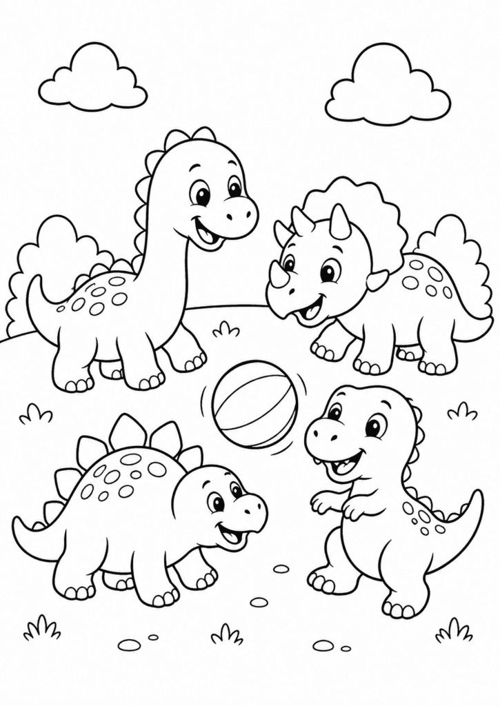 dinosaur playing together coloring page simple for kids