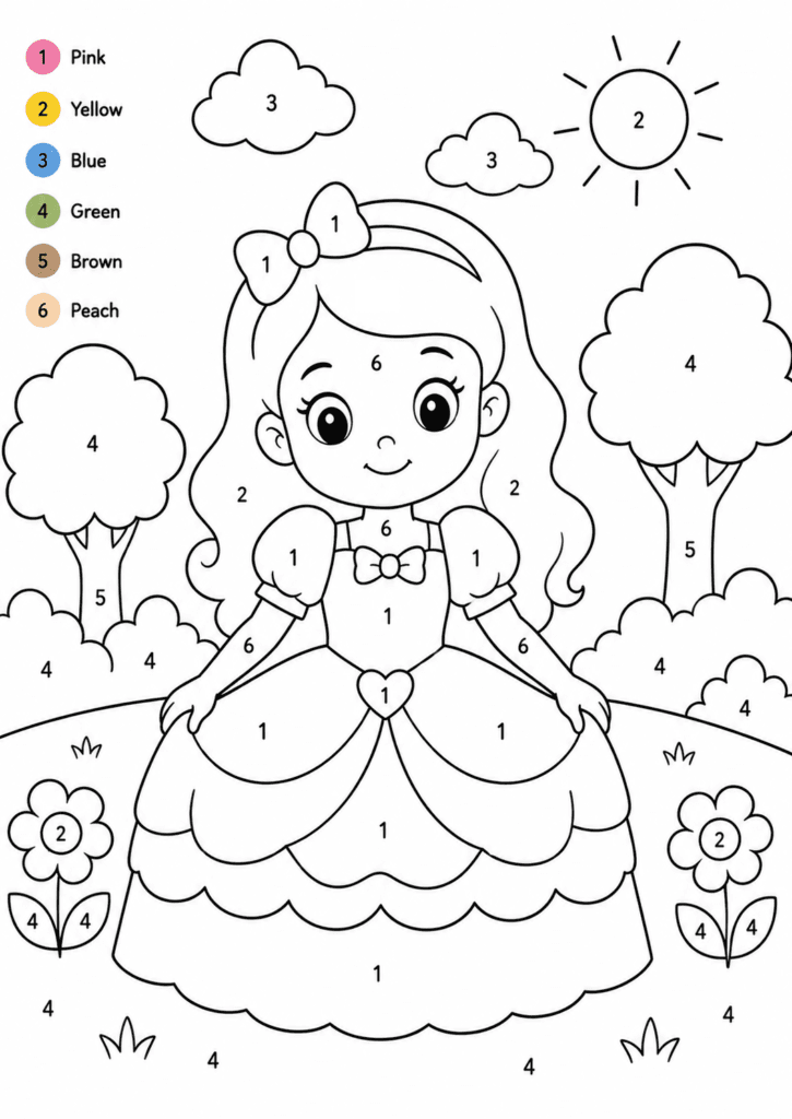 easy princess color by number coloring page for toddlers simple