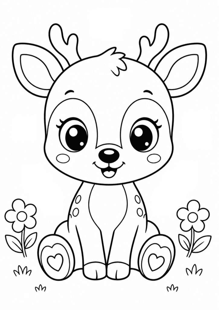 kawaii deer coloring page for toddlers sitting