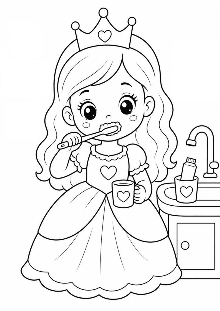 princess brushing teeth coloring page for toddlers easy
