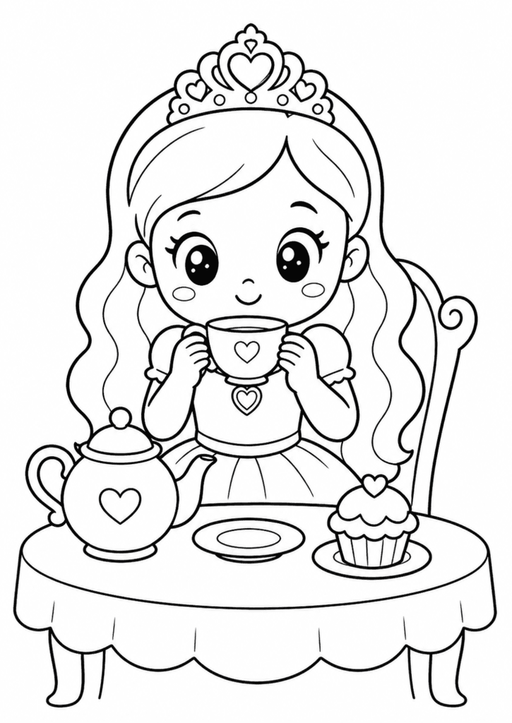princess drinking tea coloring page for toddlers easy
