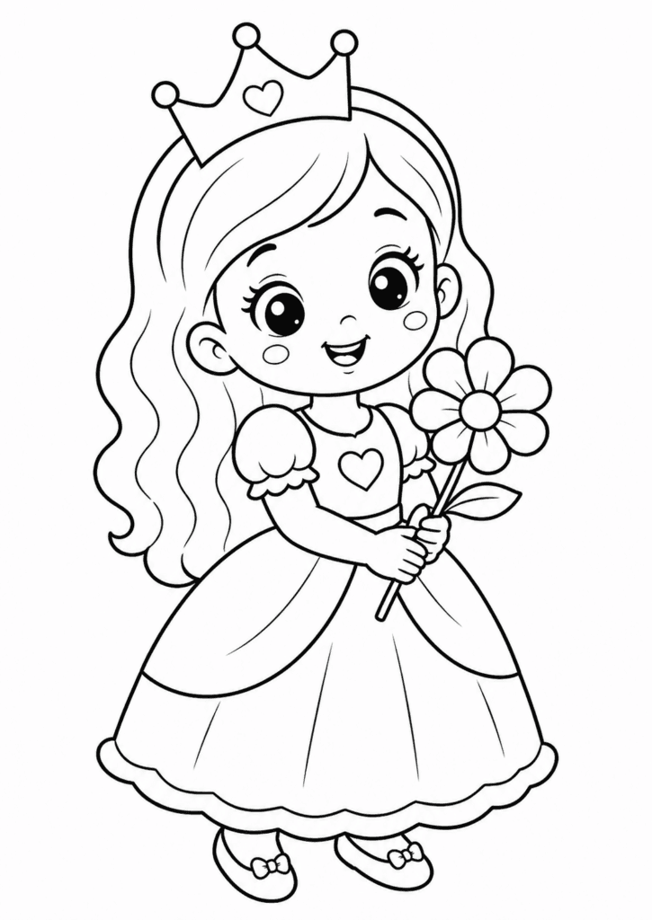 princess holding flower coloring page for toddlers easy