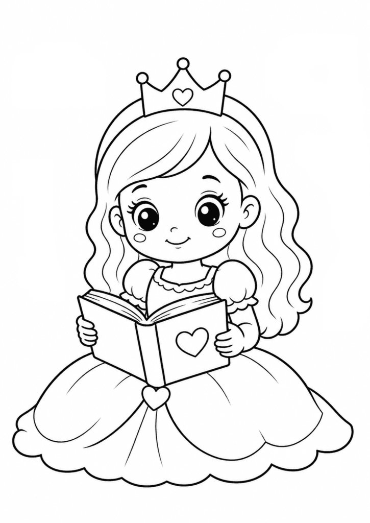 princess reading book coloring page for toddlers easy