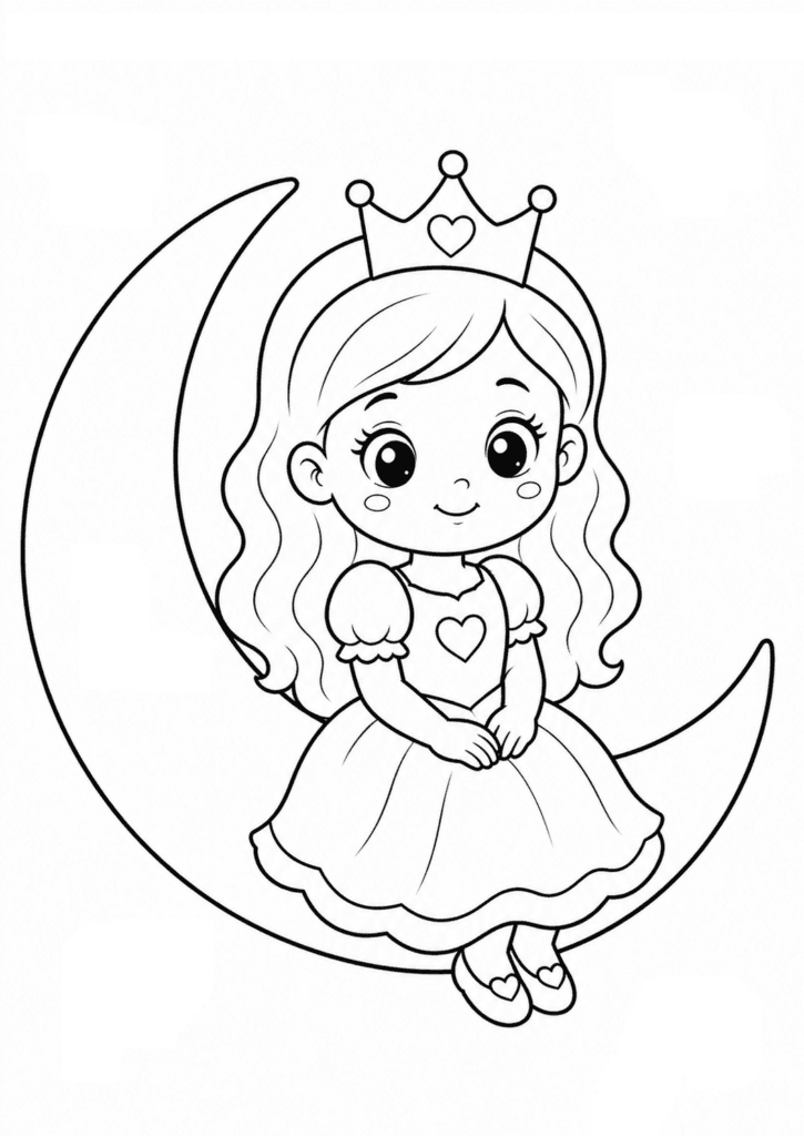 princess sitting on moon coloring page for toddlers easy