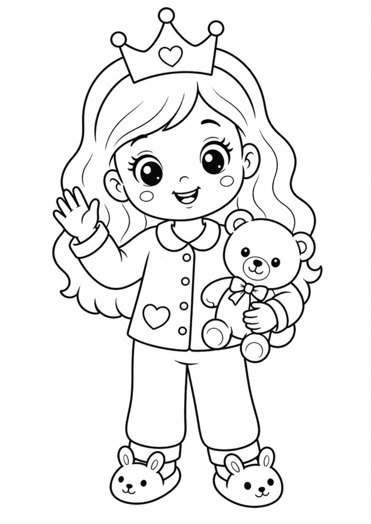 princess wearing pajamas coloring page for toddlers