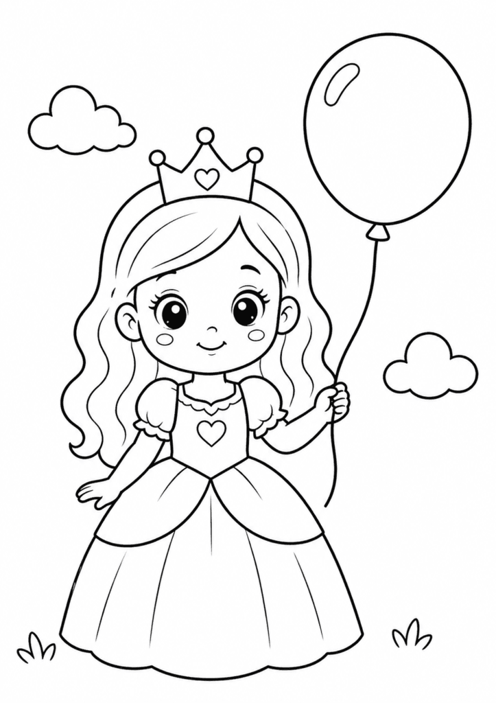 princess with balloon coloring page for toddlers easy