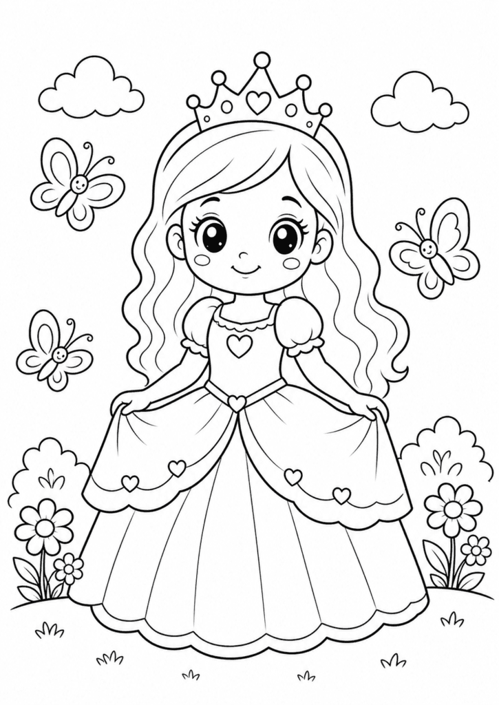 princess with butterflies coloring page for toddlers easy