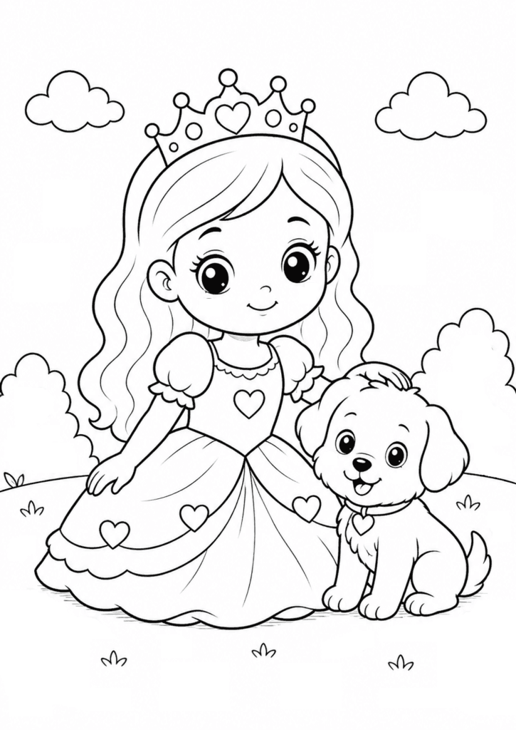 princess with puppy coloring page for toddlers easy
