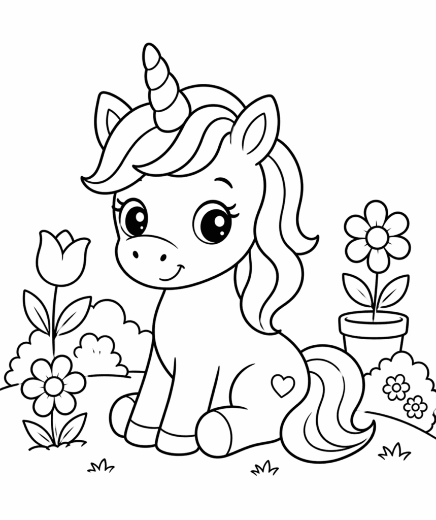 sitting unicorn in garden coloring page simple