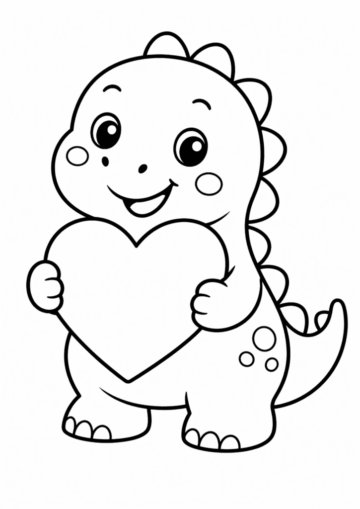 cute dinosaur holding heart coloring page for toddlers