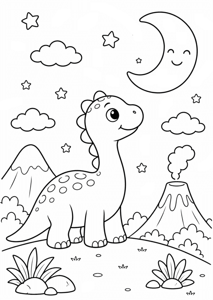 dinosaur with moon coloring page simple for toddlers