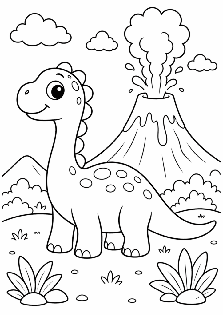dinosaur near volcano coloring page simple for toddlers