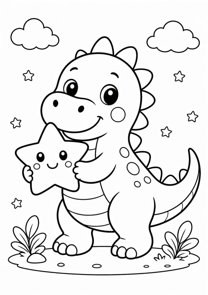 dinosaur with star coloring page simple for toddlers