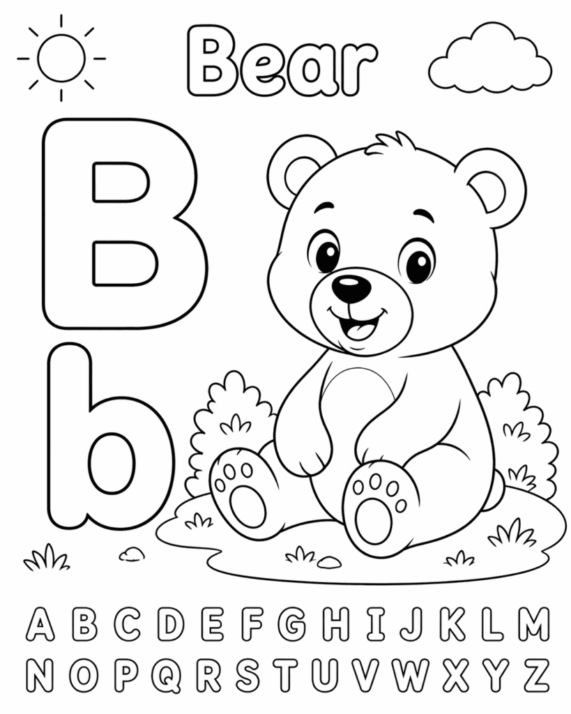 letter b bear coloring page for toddlers simple