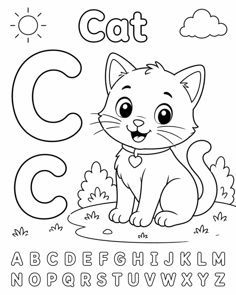 letter c cat coloring page for toddlers simple