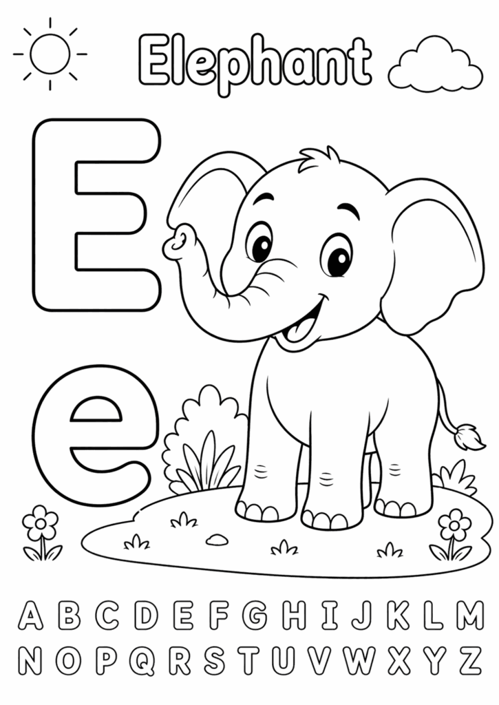 letter e elephant coloring page for toddlers simple