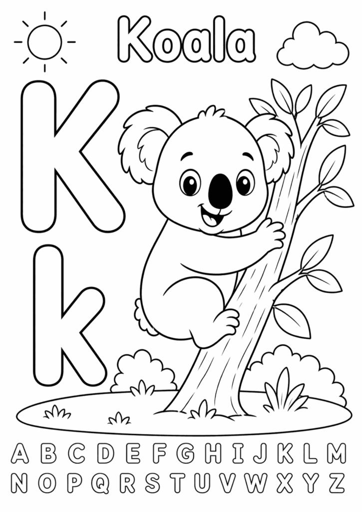 letter k koala coloring page for toddlers simple