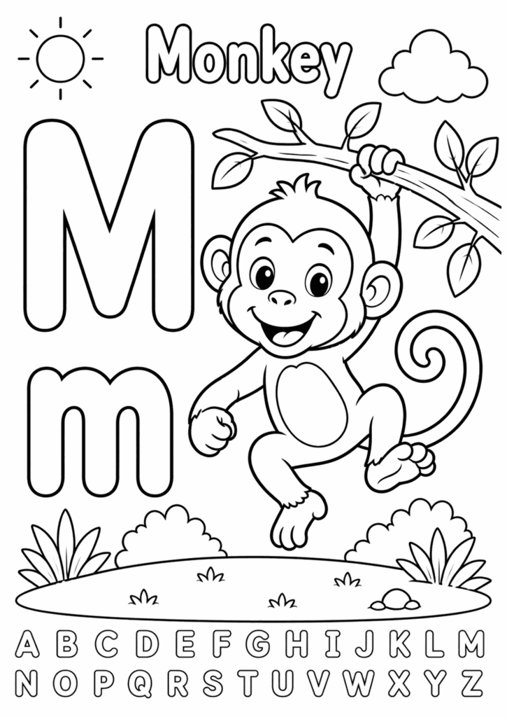 letter m monkey coloring page for toddlers simple