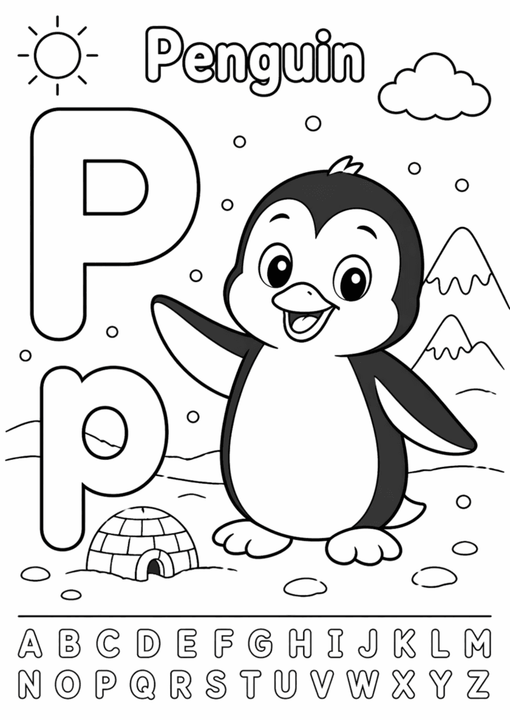 letter p penguin coloring page for toddlers simple