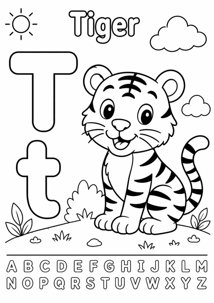 letter t tiger coloring page for toddlers simple