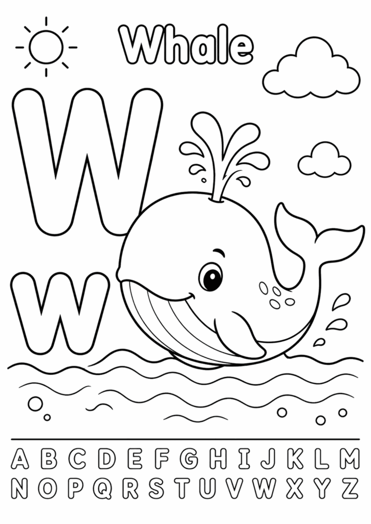 letter w whale coloring page for toddlers simple