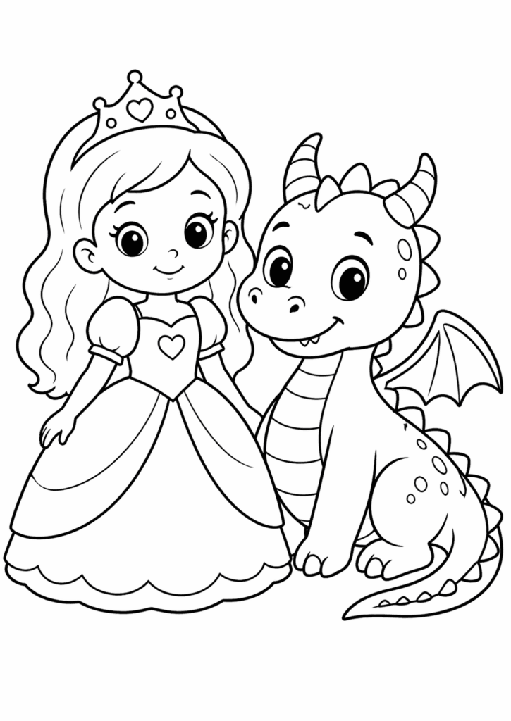 princess and dragon coloring page for toddlers simple