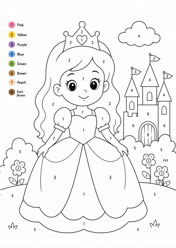 princess color by number coloring page for toddlers simple