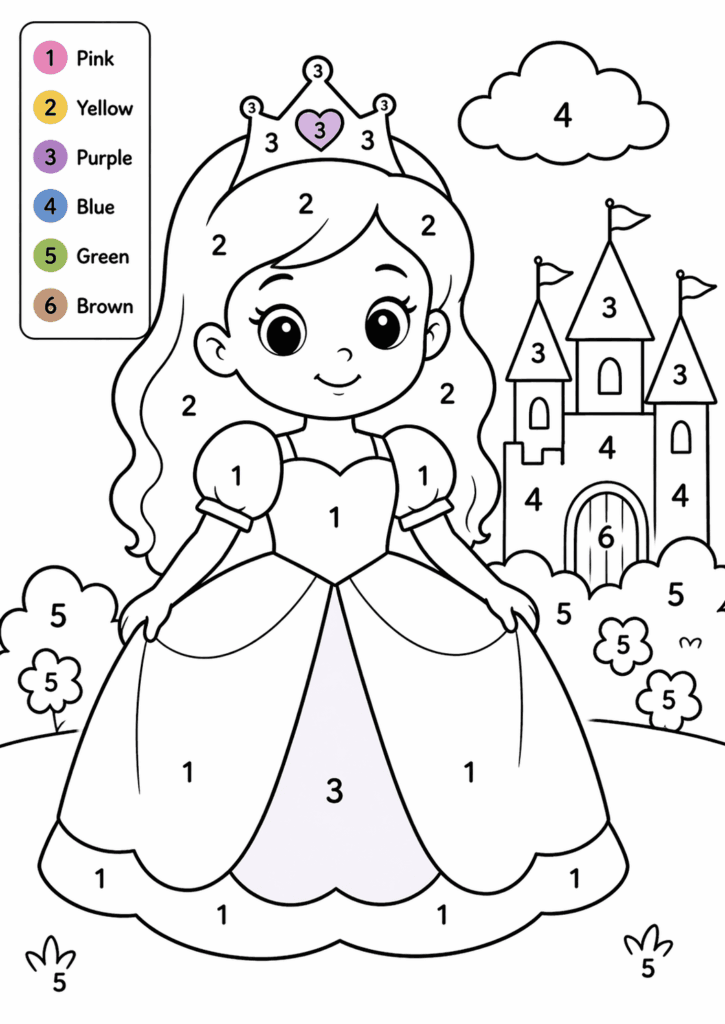 princess color by number coloring page for toddlers simple