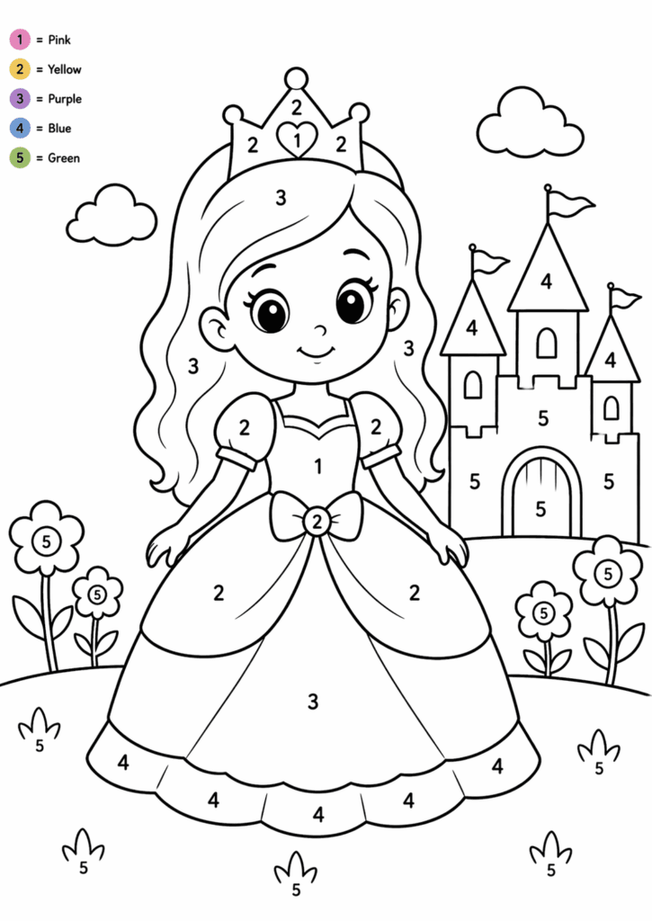 easy princess color by number coloring page for toddlers simple