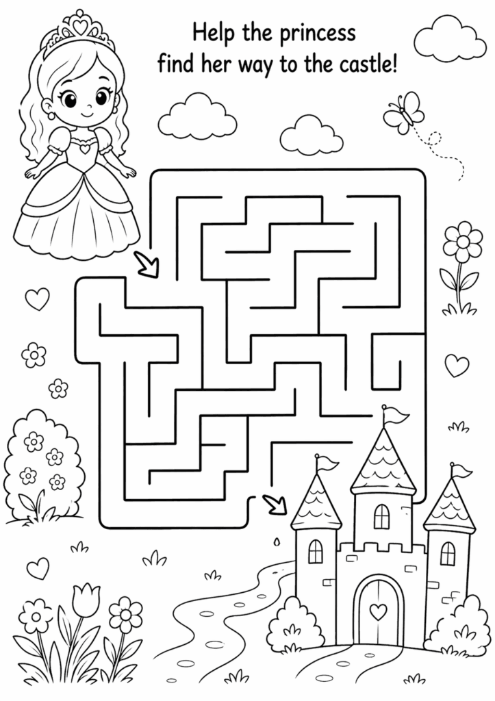 princess maze coloring page for toddlers simple