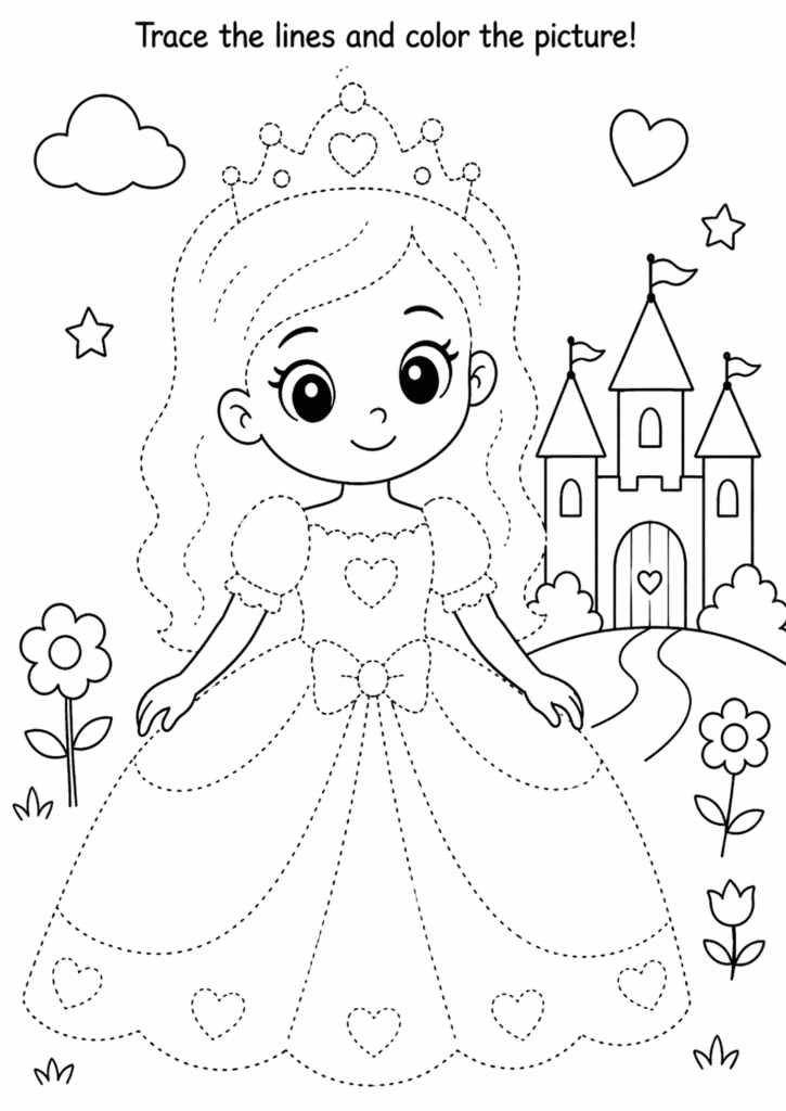 princess tracing coloring page for toddlers simple