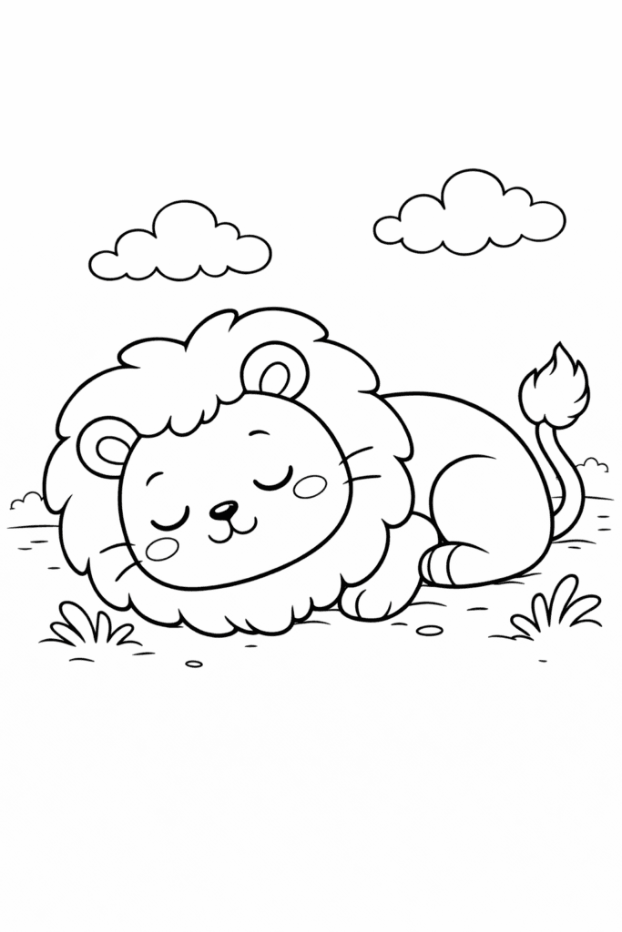 sleeping lion coloring page for toddlers simple outline