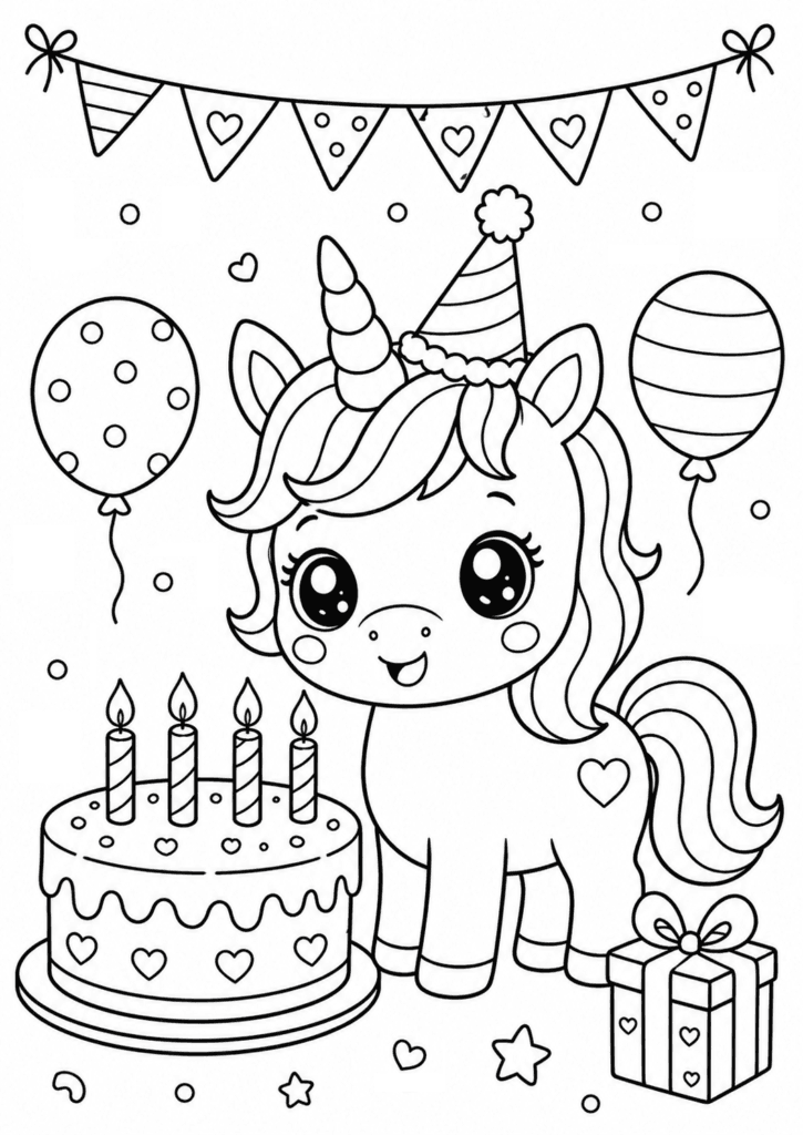 unicorn birthday coloring page for toddlers simple