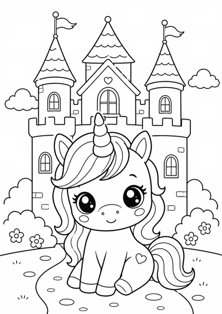 unicorn in castle coloring page for toddlers simple