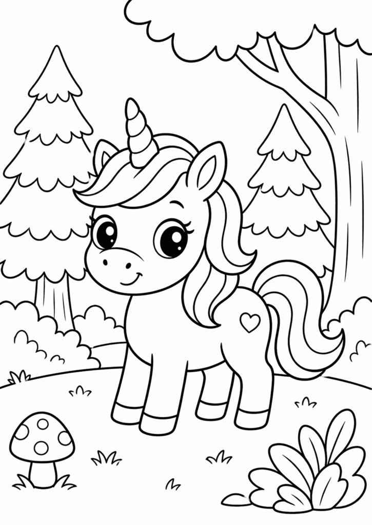 unicorn in forest coloring page simple for kids