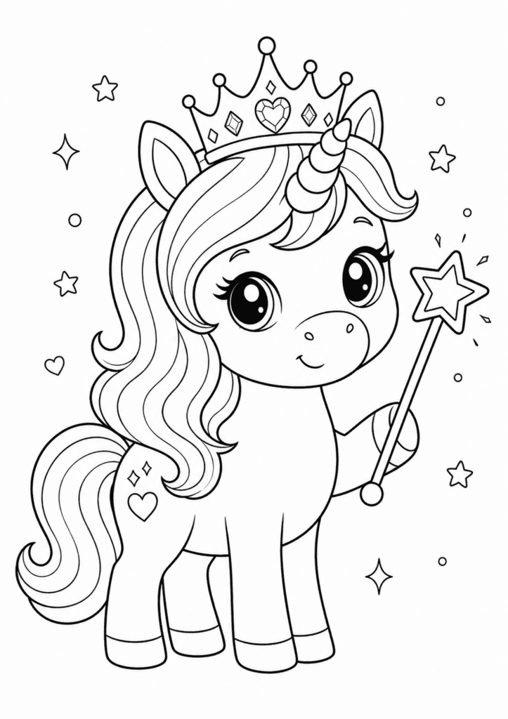 unicorn princess with wand coloring page for toddlers simple