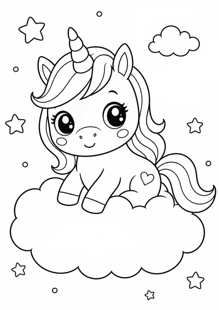 unicorn riding cloud coloring page for toddlers simple