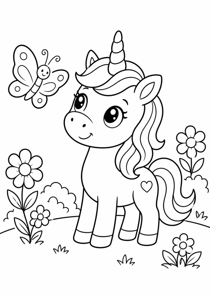 unicorn with butterfly coloring page simple for kids
