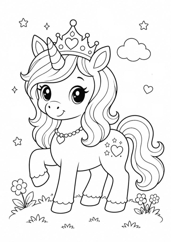 unicorn with crown coloring page for toddlers simple