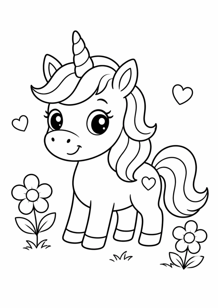 unicorn with flowers coloring page simple for kids