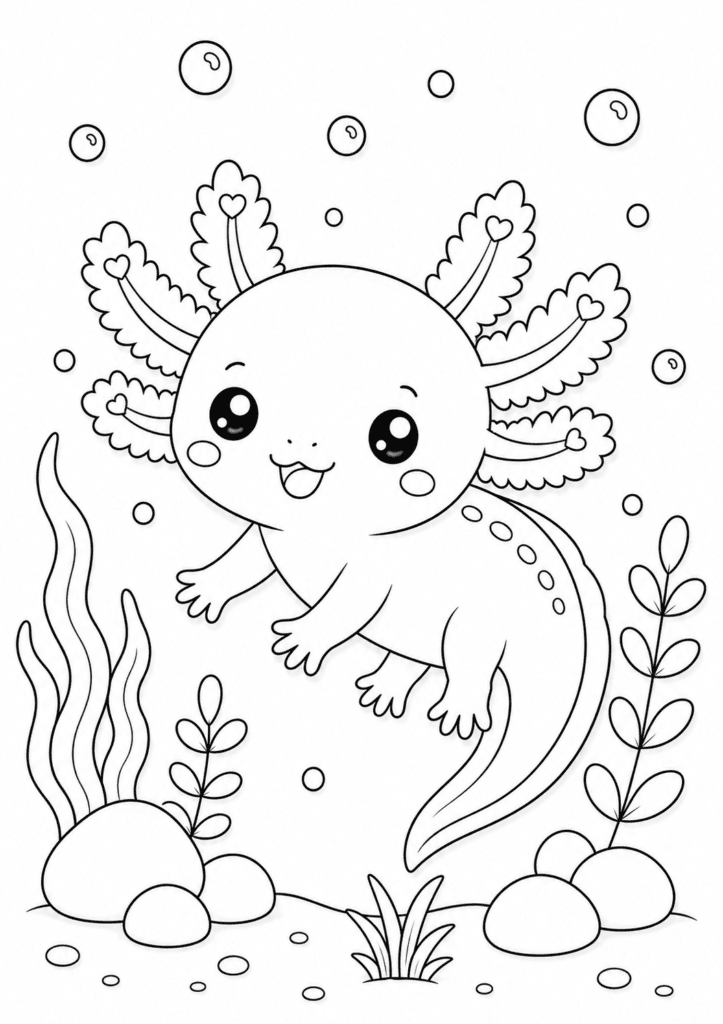 Cute baby axolotl underwater coloring page with bubbles and sea plants