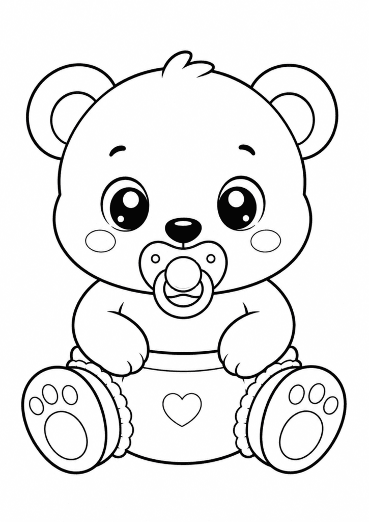 Cute baby bear in diaper coloring page with pacifier for kids