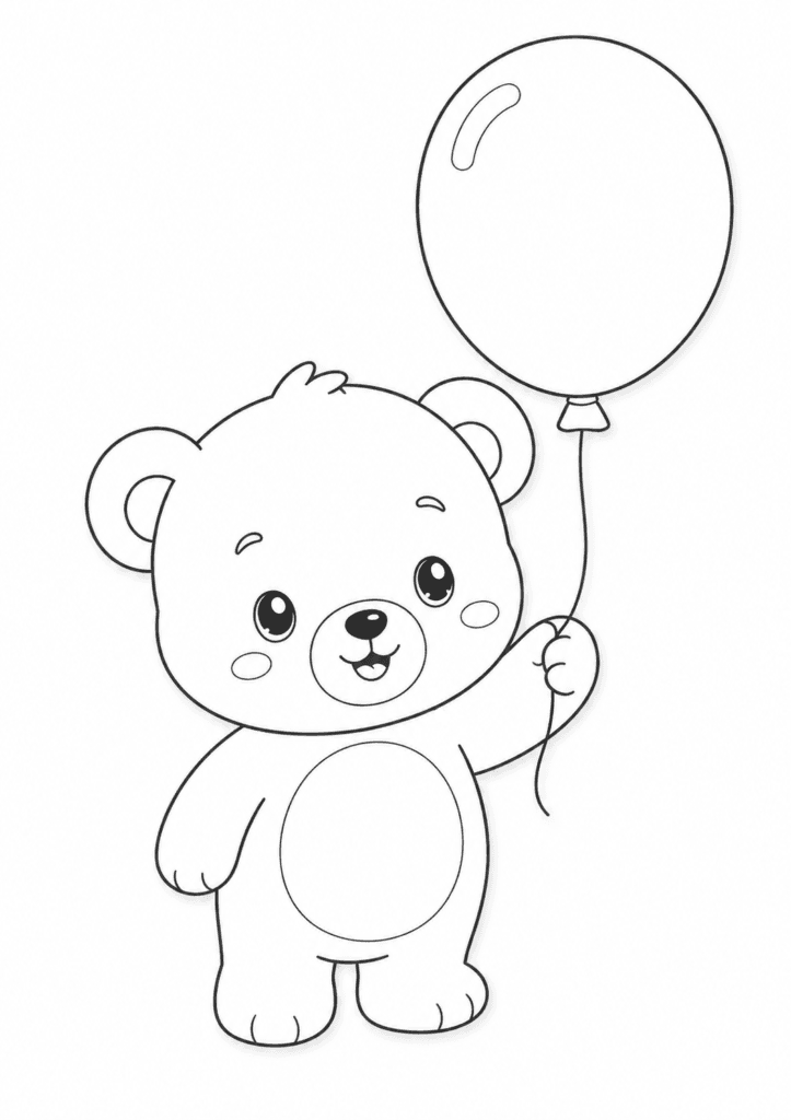 Cute baby bear holding balloon coloring page for toddlers