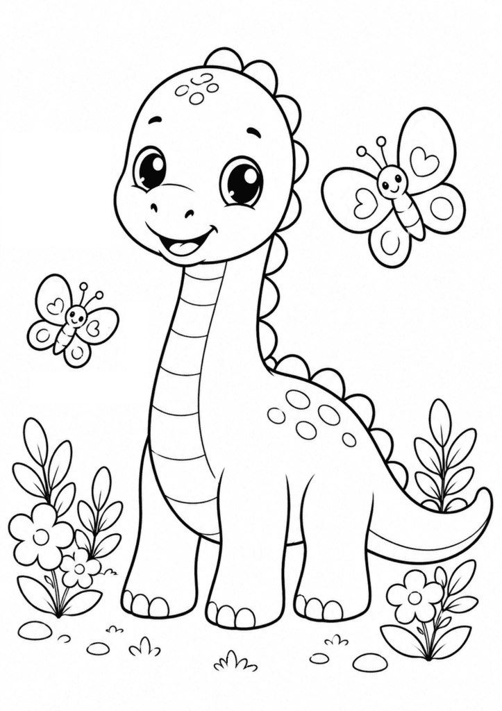 Baby brachiosaurus with butterflies coloring page for toddlers