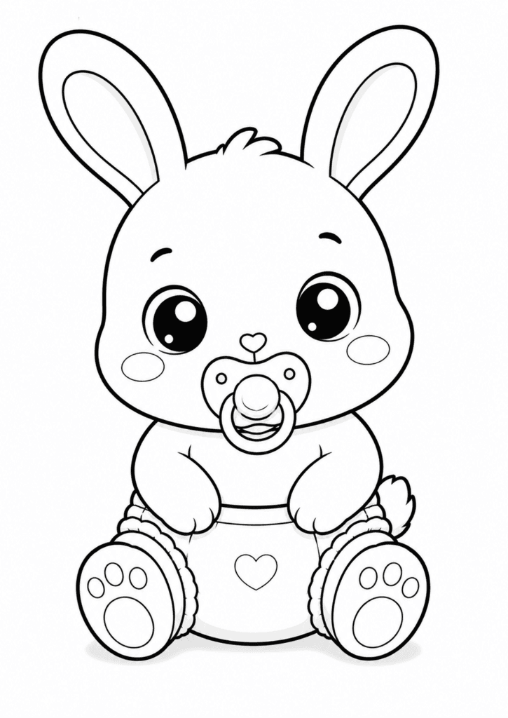 Cute baby bunny in diaper coloring page with pacifier for kids