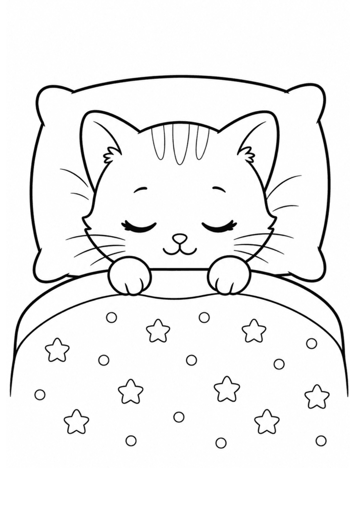 Cute baby cat sleeping in bed coloring page for kids