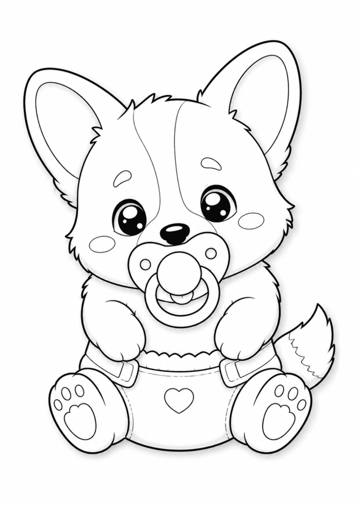 Cute baby corgi in diaper coloring page with pacifier for kids
