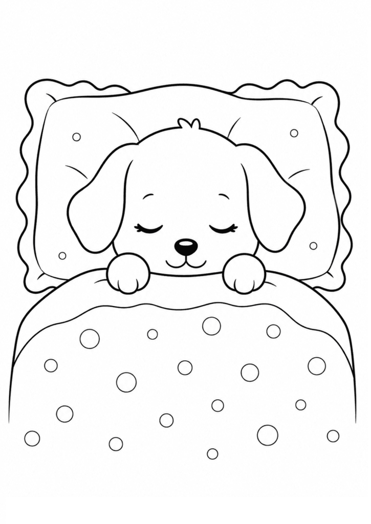 Cute baby dog sleeping in bed coloring page for kids