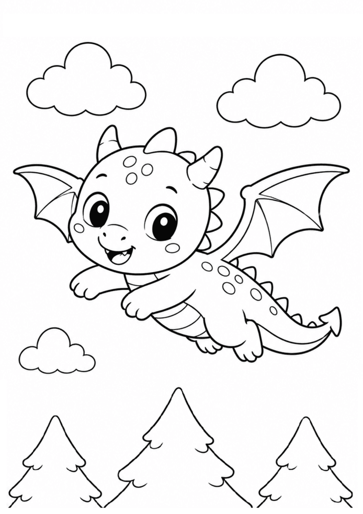 Cute baby dragon flying over trees coloring page for kids