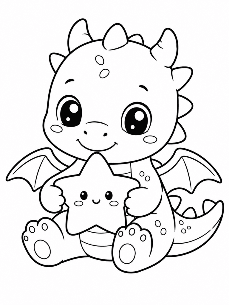 Cute baby dragon holding a star coloring page for kids